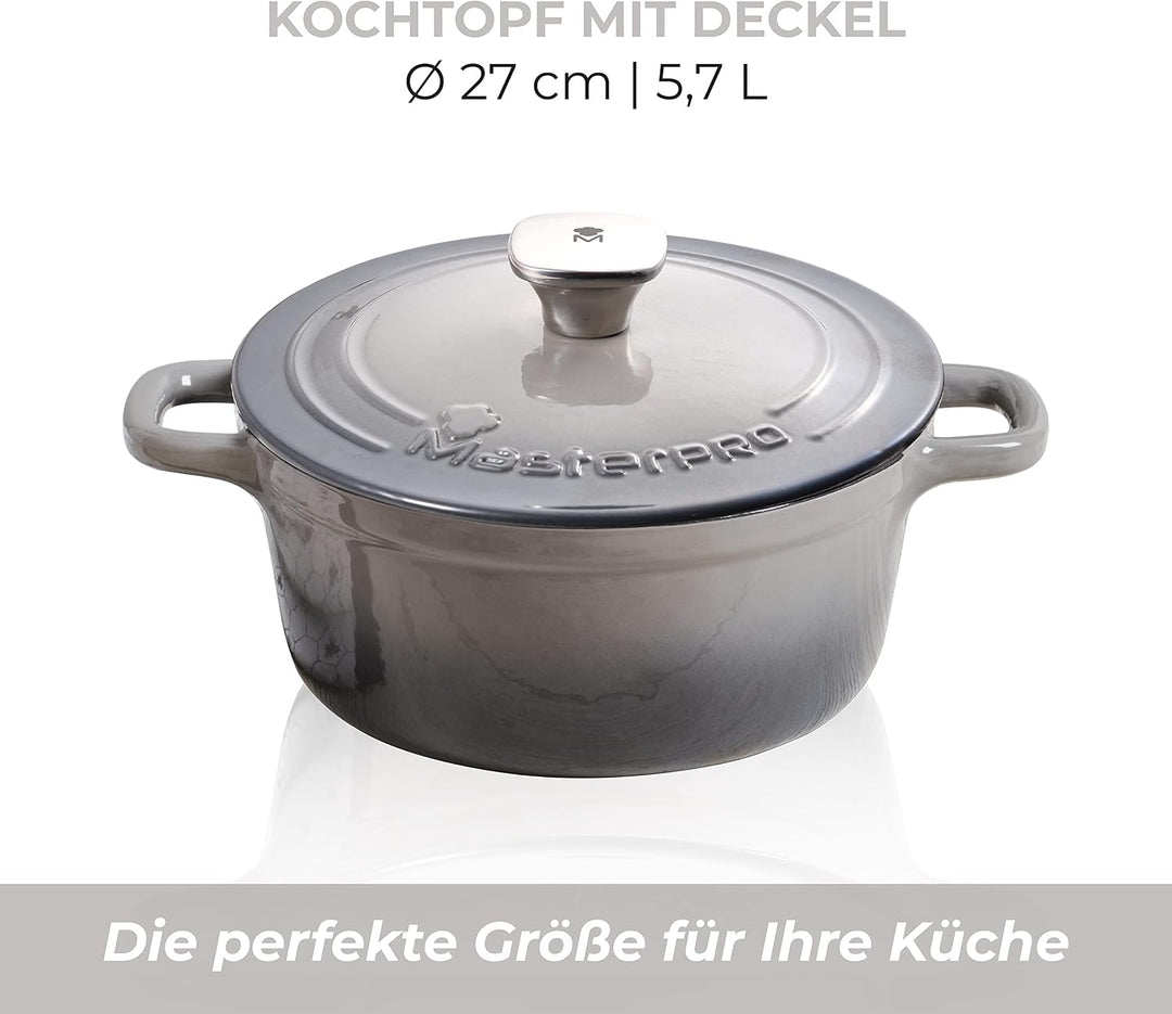 MasterPro Unique | Topf 27cm mit Deckel | Weiss | Aus Gusseisen | Ergonomische Griffe | Kochtopf | G
