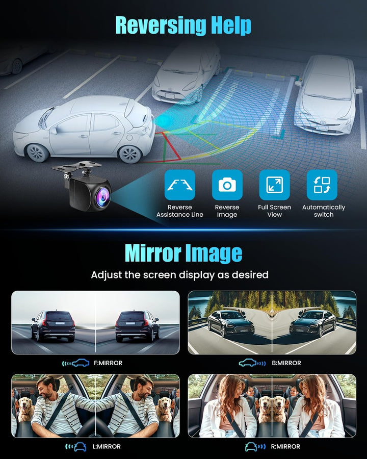 Hikity 2K 360°Dashcam für Auto mit 64G SD Karte,4 Kanal 3 Zoll IPS Bildschirm Dash Cam, Dash Cam 2K+