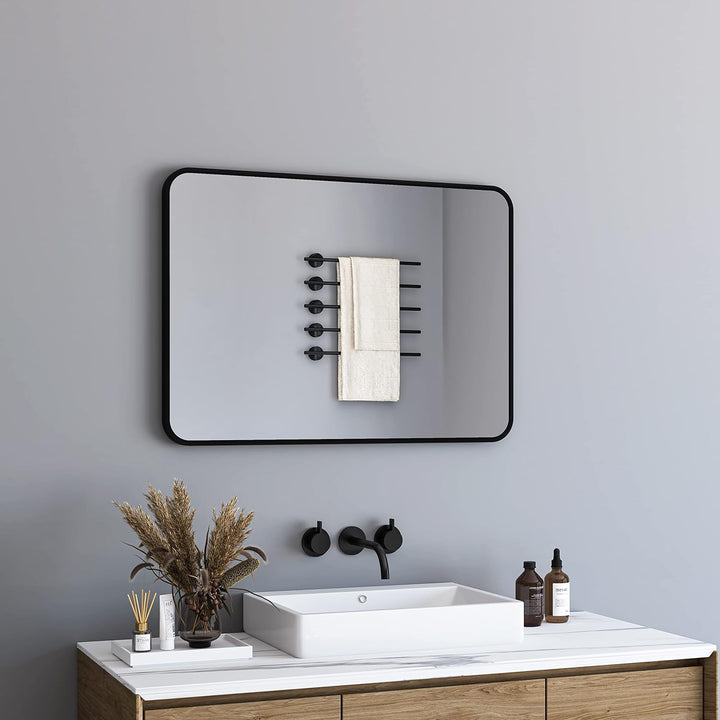 BD-Baode Badspiegel Schwarz 50x70cm Abgerundete Ecken Spiegel Wandspiegel für Badezimmer Wohnzimmer