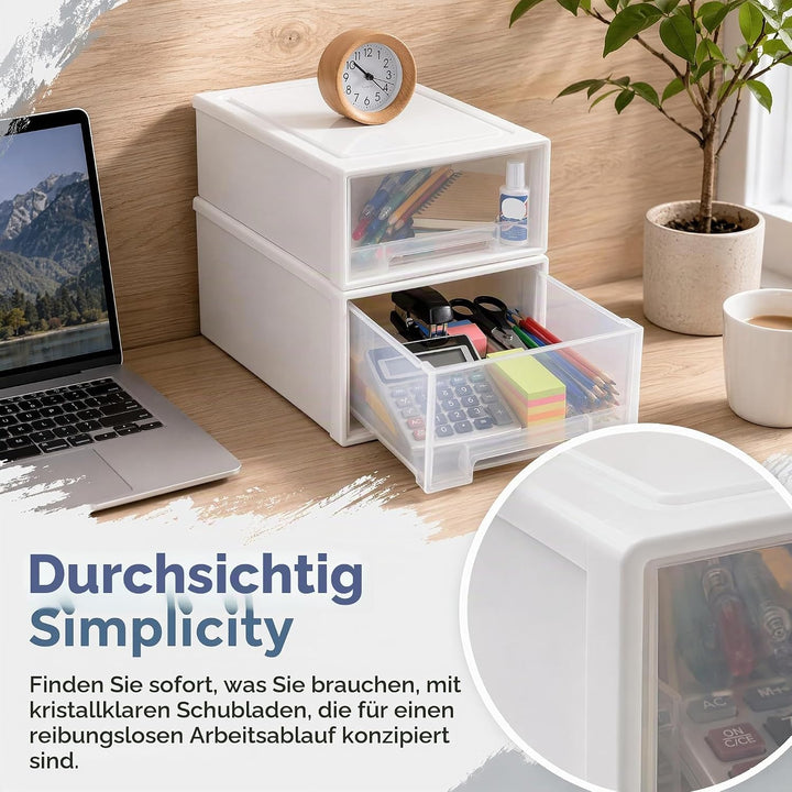 2 Stück 4,5L Schubladenbox Kunststoff Transparent-Weiss Aufbewahrungsbox mit Schubladen Stapelbare S