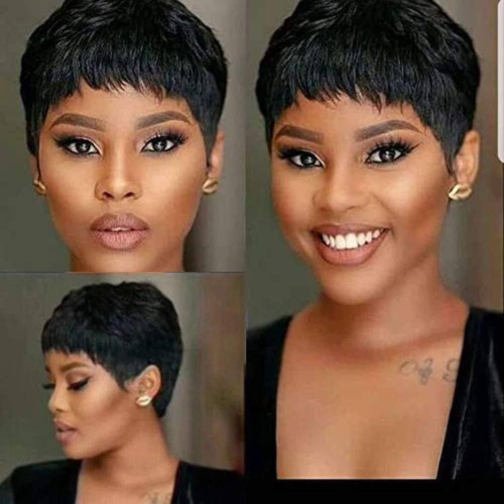 Echthaarperücke Kurzer Pixie-Cut Schwarzer Bob Perücken für Frauen Kleberlos geschichtet Keine Lace