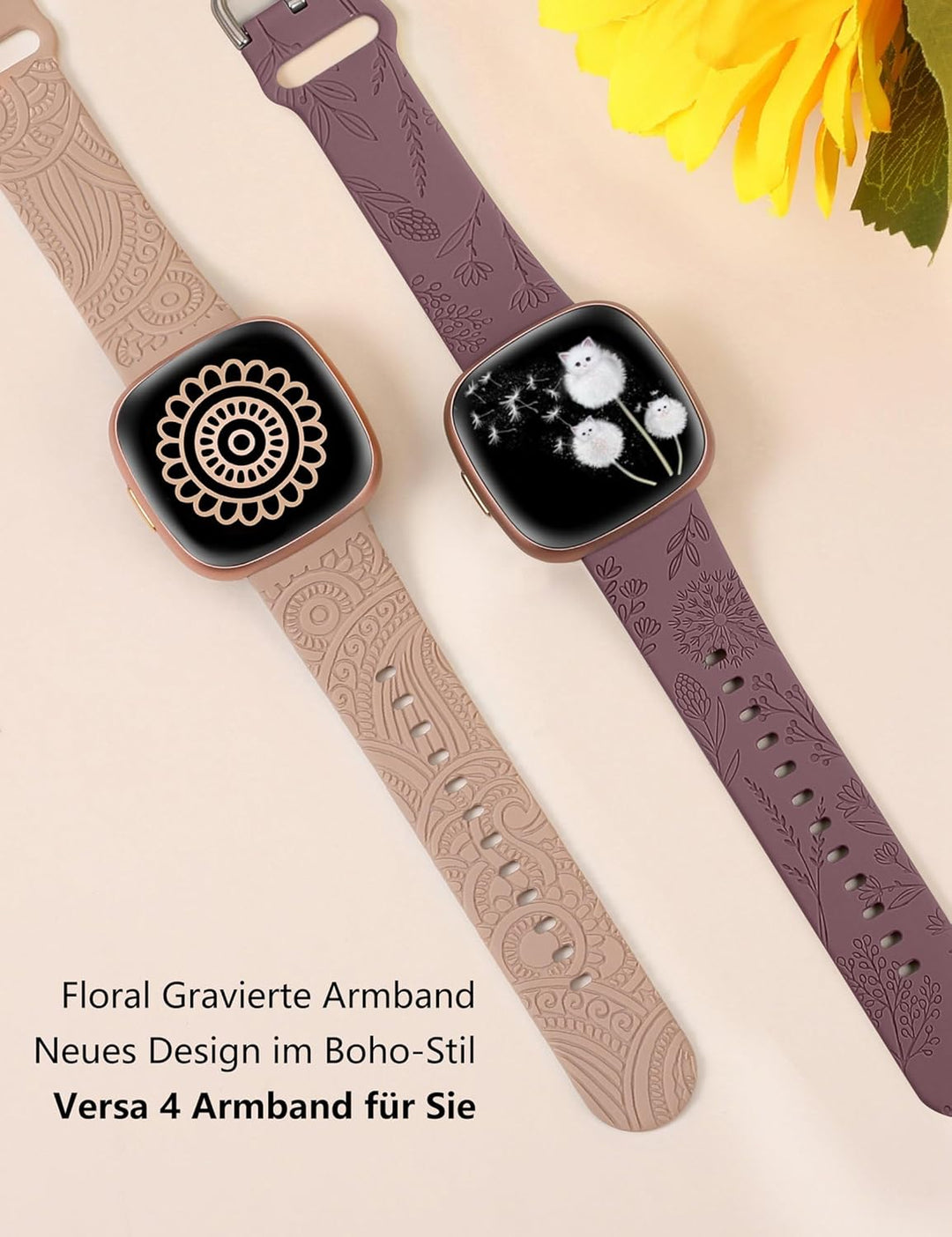 TOYOUTHS 2 Stück Floral Gravierte Armband kompatibel mit Fitbit Versa 4/Versa 3/Sense 2/Sense Armban