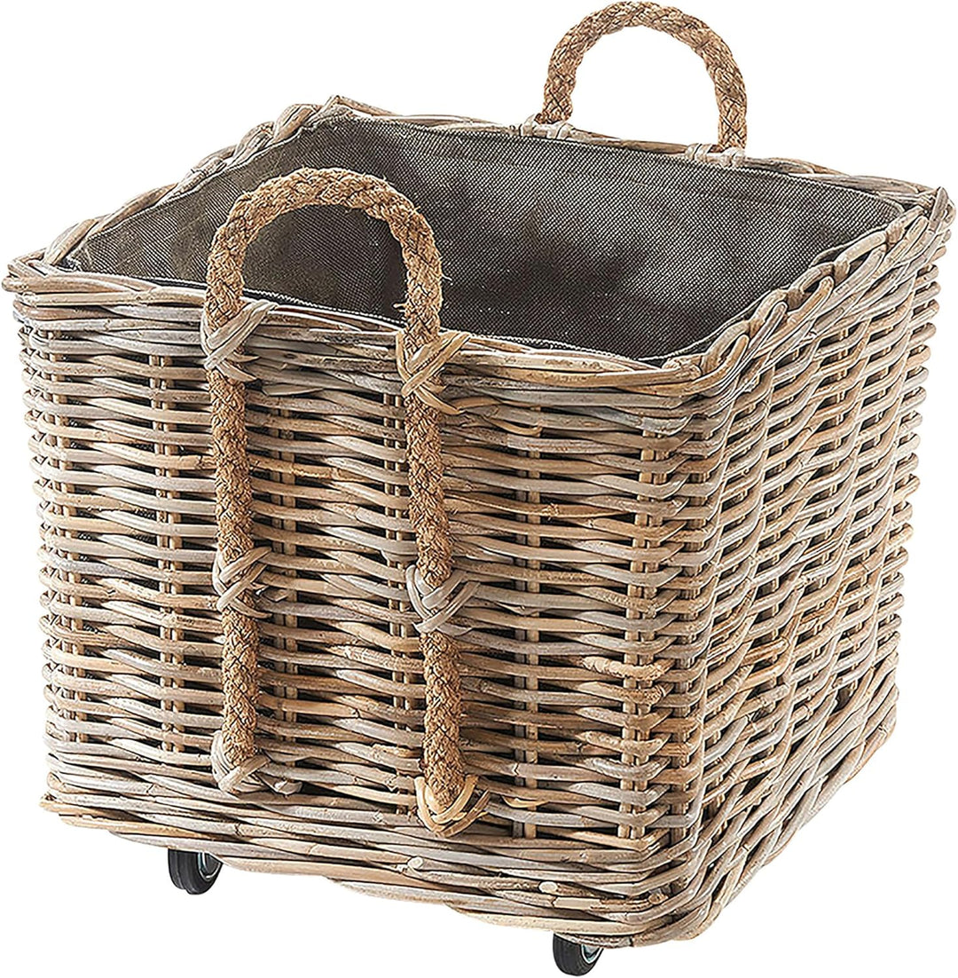 Kobolo Kaminholzwagen mit Rollen Holzkorb für Kaminholz -Rattan- mit Innenfutter aus Jute