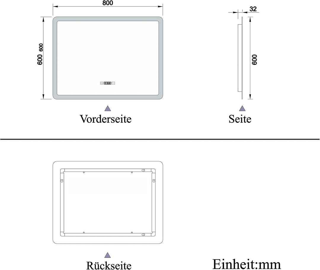 Biubiubath 80x60cm LED Badspiegel mit Uhr,Touch-Schalter,Badspiegel mit Beleuchtung,Beschlagfrei,Bad