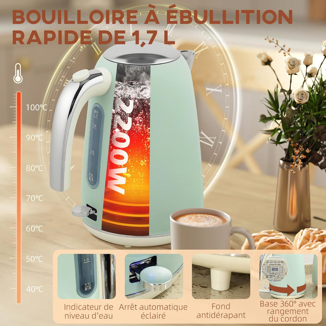 HOMCOM Edelstahl Wasserkocher und Toaster Set 2200 W und 1,7 L, 2-Scheiben-Toaster, 7 Bräunungsstufe