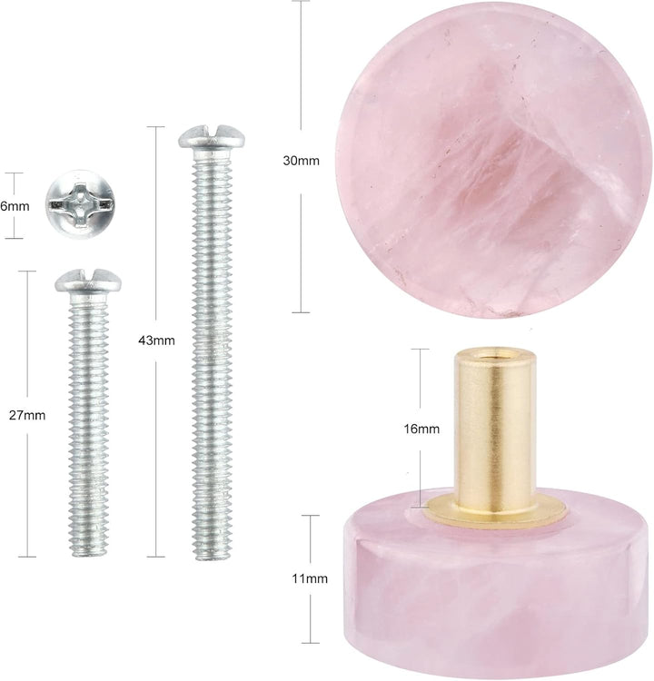 KYEYGWO 4 Stück Rosenquarz Runde Kristall Möbelknöpfe mit Schraube, Heilung Stein Schubladenknöpfe M
