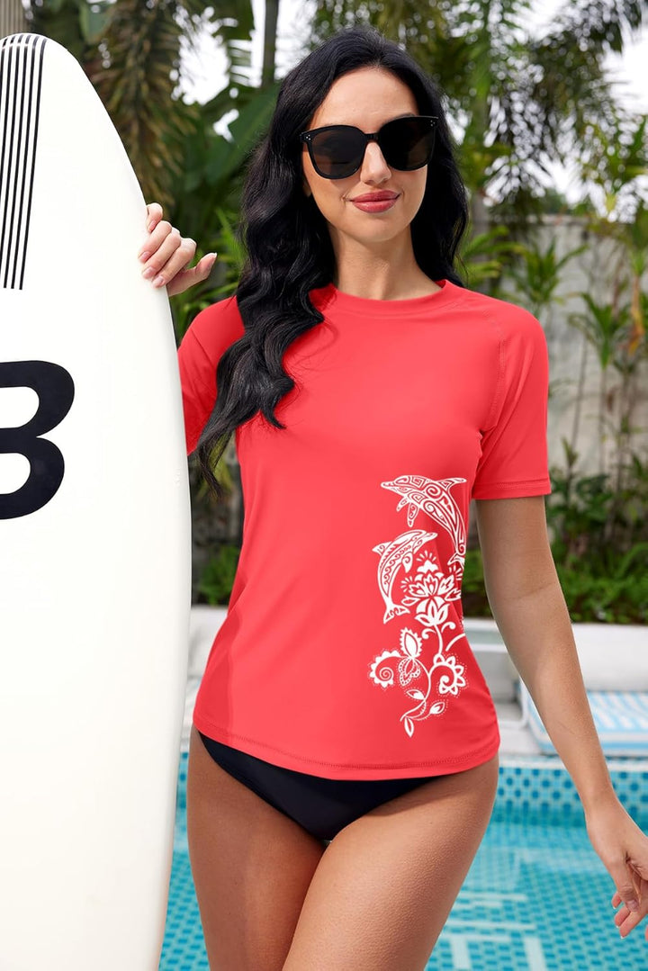 BesserBay Damen Rash Guard Shirt UPF 50+ Rundhals Kurzarm Schnelltrocknend Badeshirt S-XXL M 5 Karol