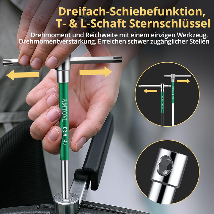 AMTOVL T-Griff-Sternschlüssel-Set, Torx, 10-teilig, T10-55, Schiebegriff, Chrom-Vanadium-Stahl, mit