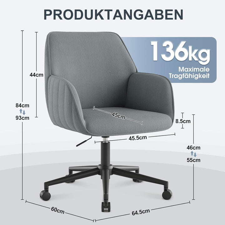 Schreibtischsessel Bürostuhl Homeoffice bis 136kg Drehstuhl Samt Schminkstuhl mit Armlehnen Rollen E