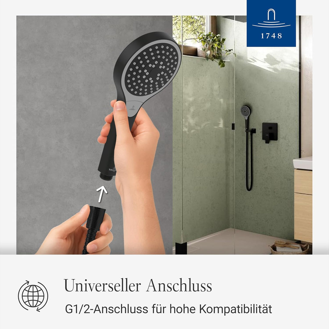 Villeroy & Boch Verve Showers Duschkopf, Handbrause mit 3 Strahlarten auf Knopfdruck wechselbar, Eas