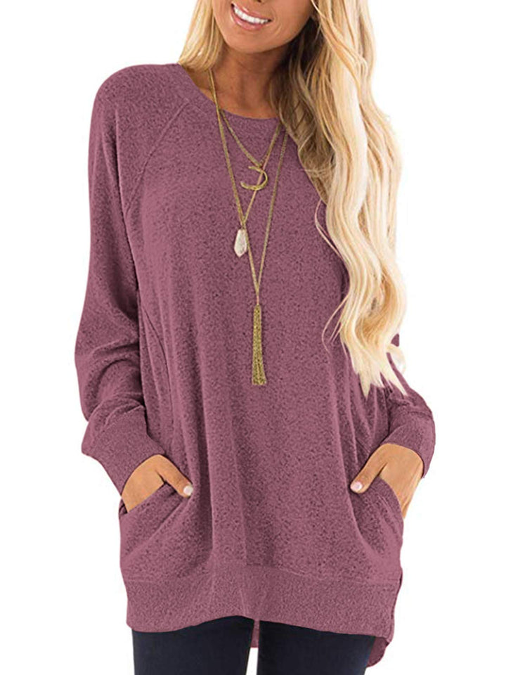 AUSELILY Damen Langarmshirts Rundhals T Shirts Blusen Tunika Sweatshirt Pullover Mit Taschen Weinrot