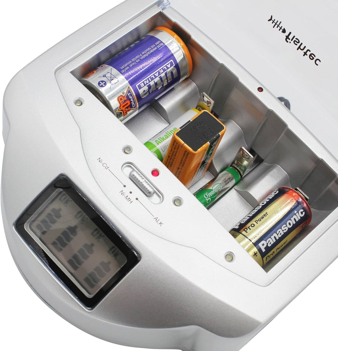 FISHTEC Universal Ladegerät für Batterien AA/LR6, AAA/LR3, C/LR14, D/LR20, 9V, NiCd und NiMh + ALKAL