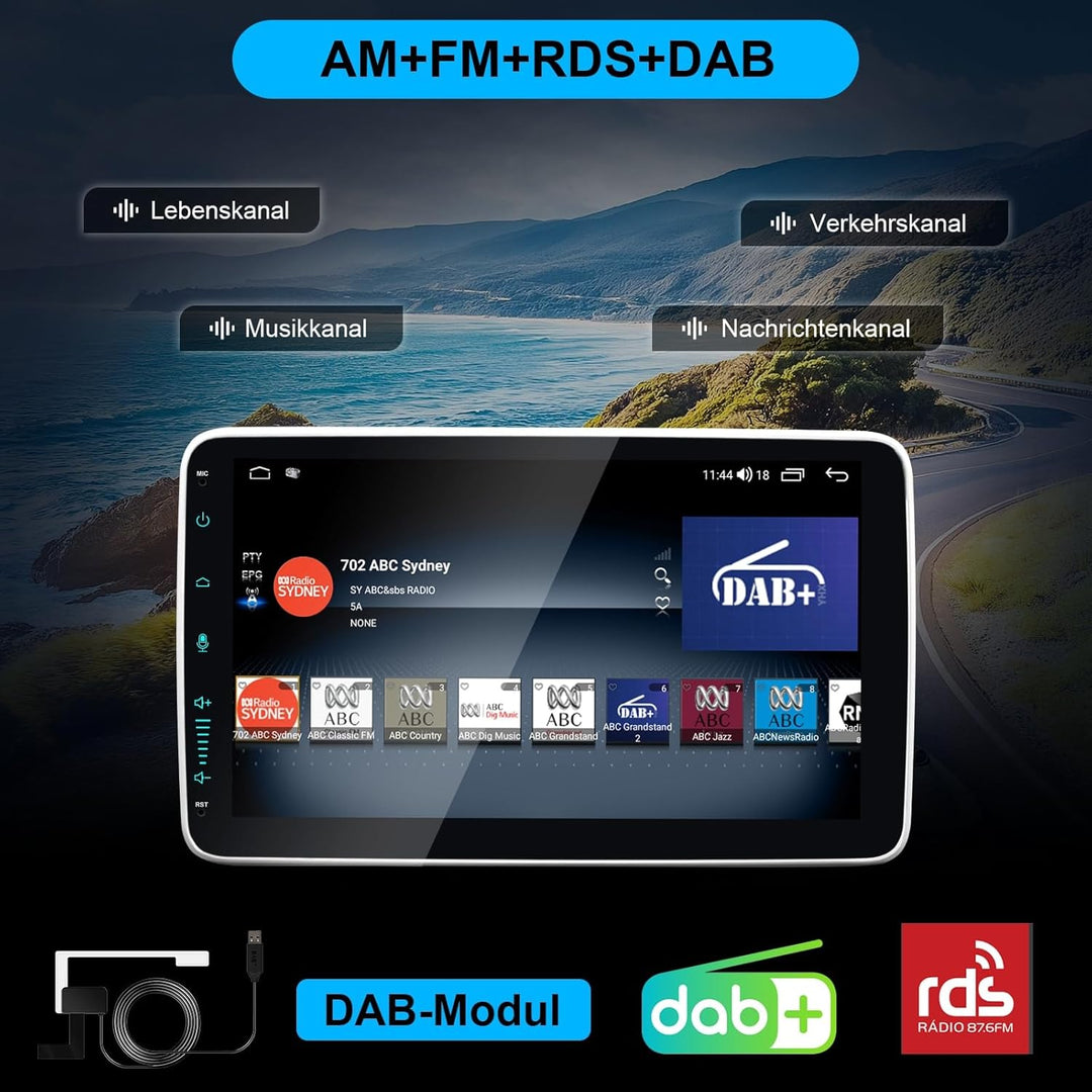 10 Zoll 1 Din Car Radio Android Autoradio mit Bildschirm 8-Kern DAB+ Wireless Android Auto & Apple C