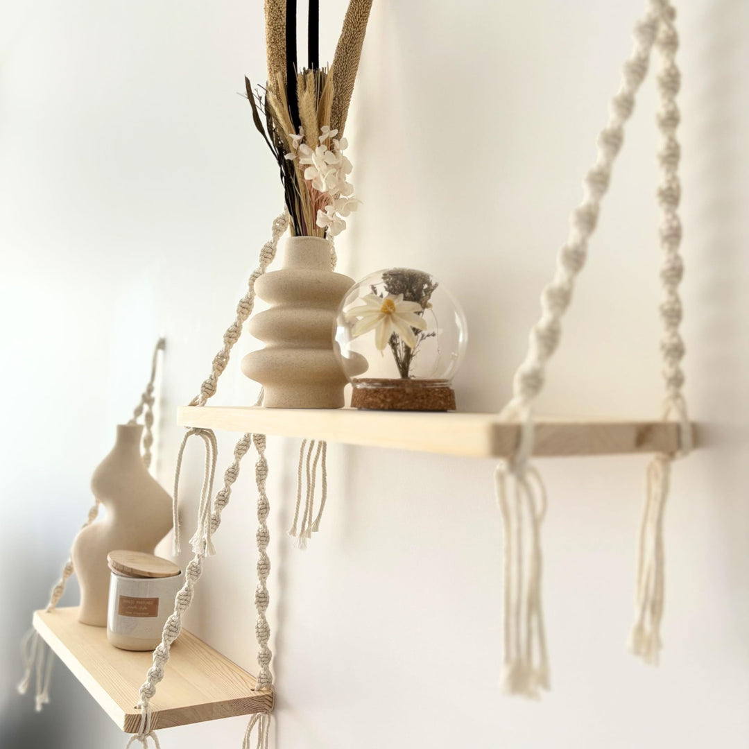 2er Makramee-Wandregal Boho Regal Wand – Wandregal Holz Boho Style, Hängeregal Holz Seil, Regal zum