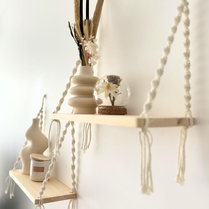 2er Makramee-Wandregal Boho Regal Wand – Wandregal Holz Boho Style, Hängeregal Holz Seil, Regal zum