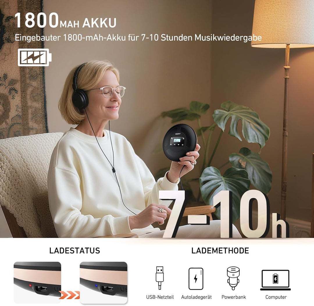 HOTT Tragbarer CD Player 1800 mAh wiederaufladbarer CD-Player mit Bluetooth und FM-Transmitter Ideal