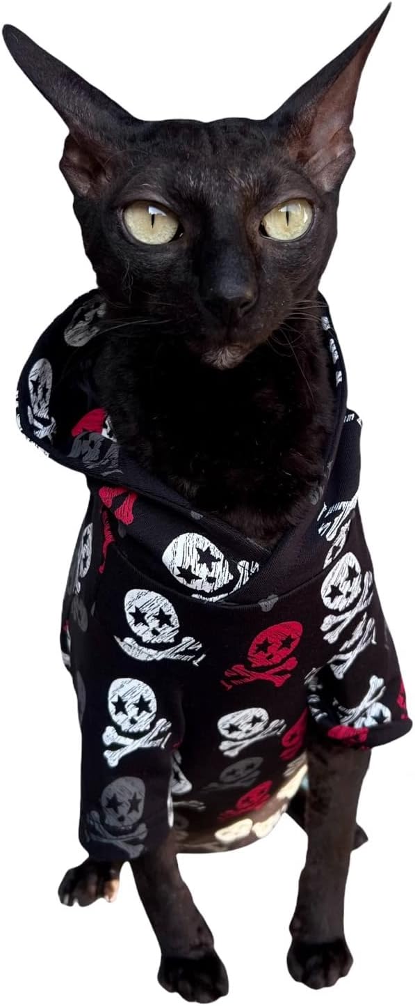 Kotomoda Katzen-Kapuzenpullover mit Totenkopf-Motiv, 100% Baumwolle, fьr Sphynx und nackte Katzen, G