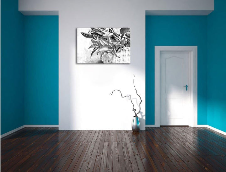 Pixxprint Blaue Blumen im Körbchen / 100x70cm Leinwandbild bespannt auf Holzrahmen/Wandbild Kunstdru