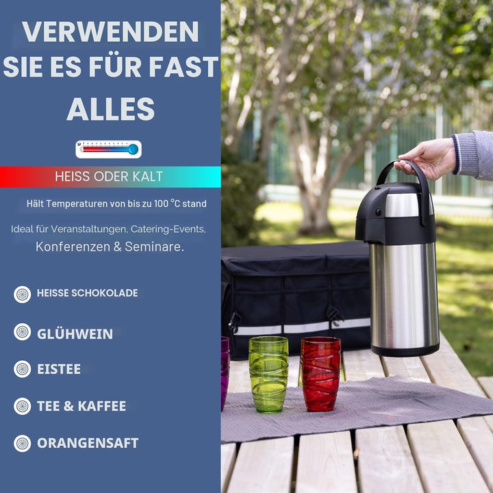Wärmflasche - 3L Edelstahl Airpot Pumpe Action Flasche Doppelwandige Isolierung, Auslaufsicher