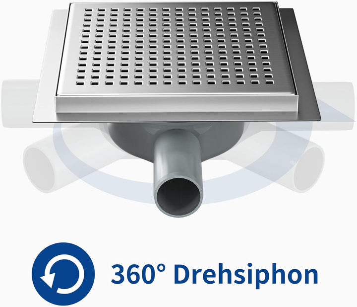 Bernkot Duschrinne Quadrat 20 * 20cm, 360° Siphon mit Geruchsstop und Haarsieb Edelstahl Ablaufrinne