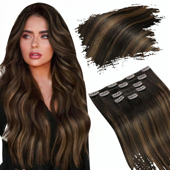 Ugeat Extensions Haare Echthaar Clips 30cm Clip in Extensions Echthaar Balayage Dunkelstes Braun mit