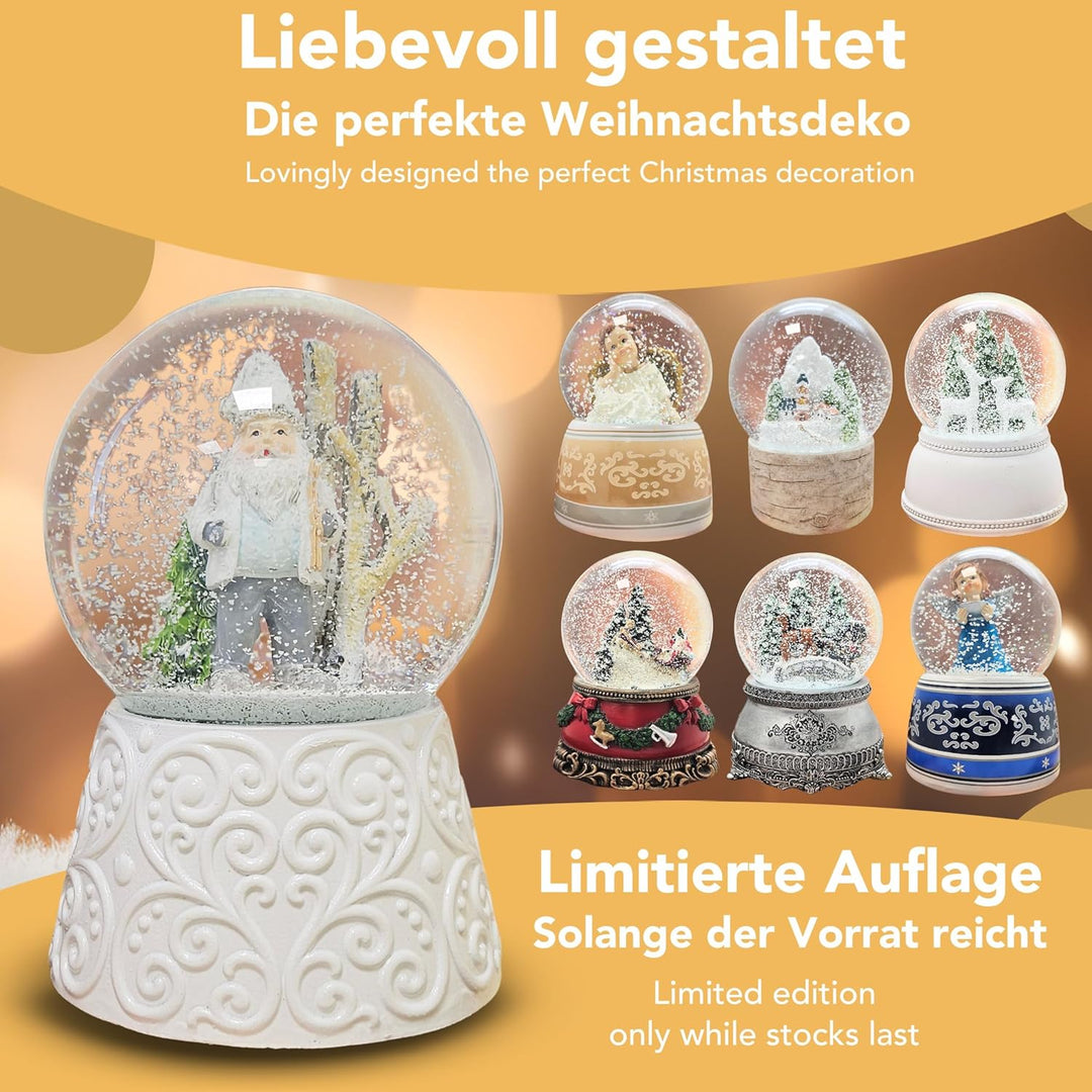 Schneekugel Weihnachten mit Musik | Weihnachtswichtel grau weiss | Sockel weiss Ornamente | H: 14cm