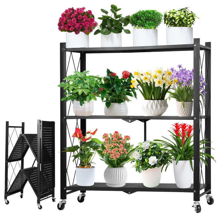 3-Tier Metall Klappbares Blumenregal für drinnen & draussen,Mit Rollen,Faltung,Stabile Eisenkonstruk