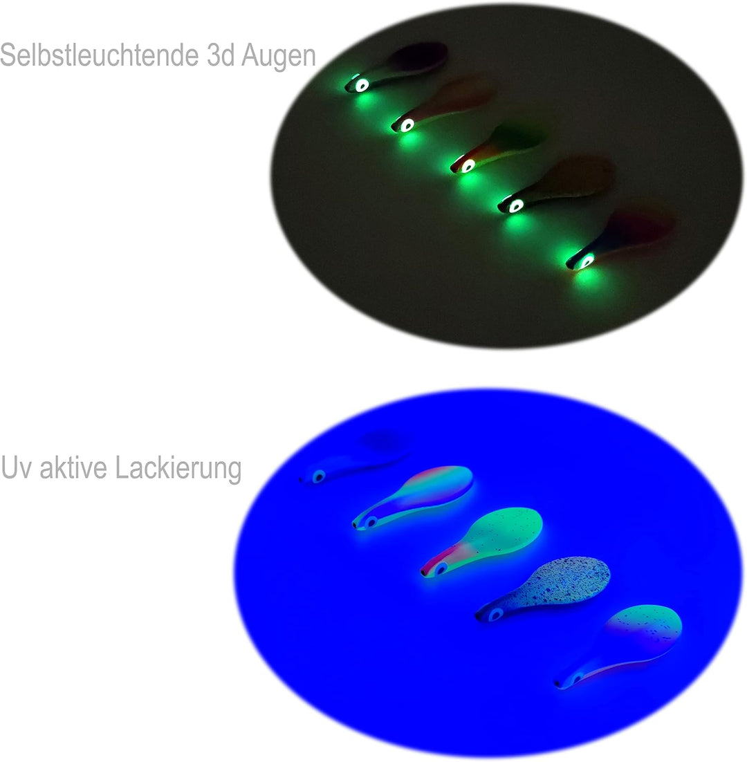 Njord Kalastus Inline Spoon Forelle in Box | UV Aktiv und Selbstleuchtende 3D Augen | Durchlaufblink