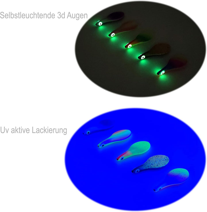 Njord Kalastus Inline Spoon Forelle in Box | UV Aktiv und Selbstleuchtende 3D Augen | Durchlaufblink