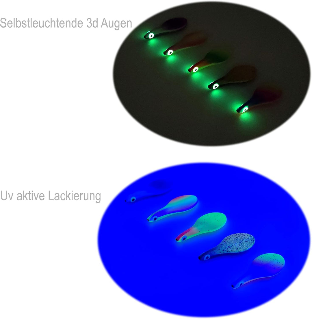 Njord Kalastus Inline Spoon Forelle in Box | UV Aktiv und Selbstleuchtende 3D Augen | Durchlaufblink