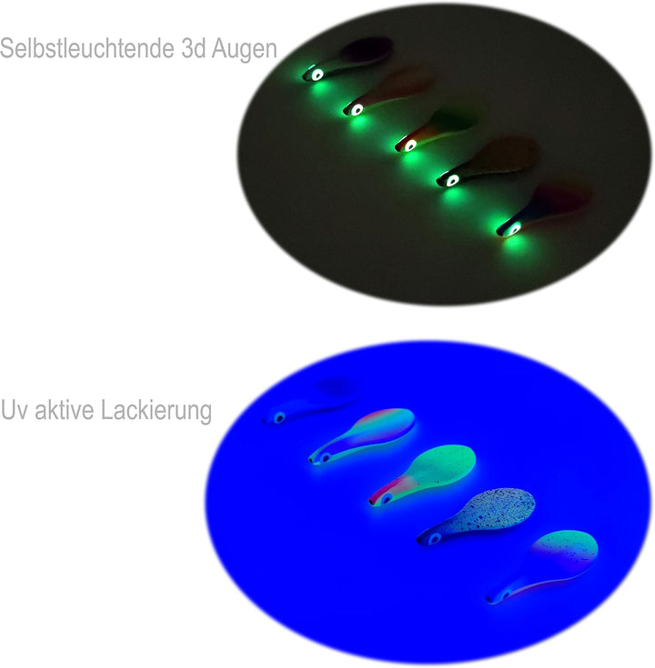 Njord Kalastus Inline Spoon Forelle in Box | UV Aktiv und Selbstleuchtende 3D Augen | Durchlaufblink