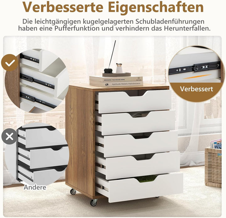 FANTASK Mobiler Aktenschrank, Mobiler Aktenschrank mit 5 Schubladen, Rädern, Schubladenkommode (Natü