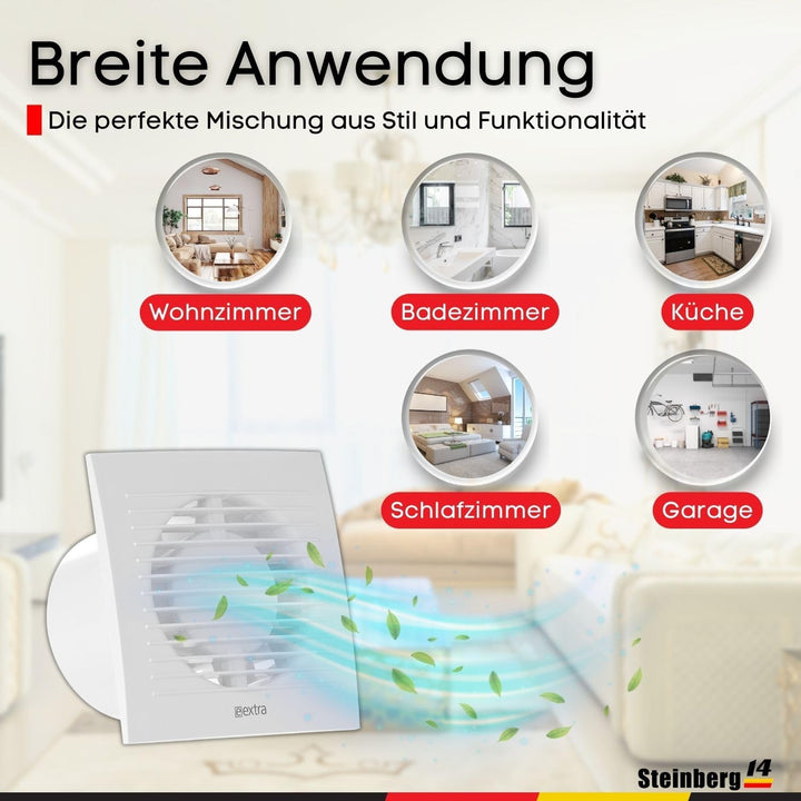 Steinberg14 Badlüfter Ø 100mm mit Feuchtigkeitssensor und Zeitnachlauf (Timer) - Weiss Ventilator Ø