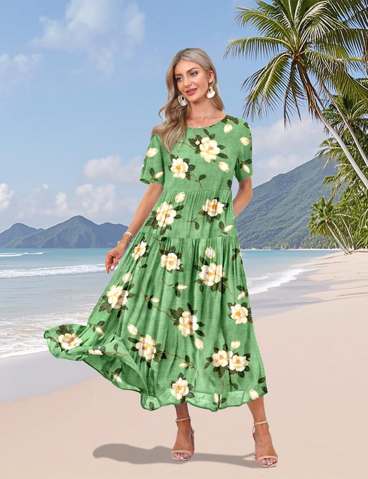 YESNO Damen Kleider Freizeit Lose Sommerkleid Lang Boho Maxikleid für Rundhals Strandkleid Blumenkle