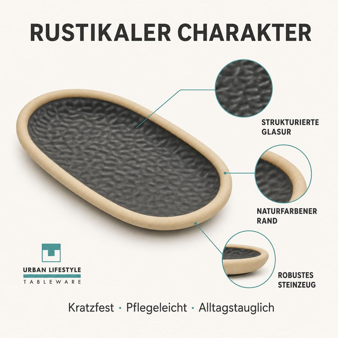 Urban Lifestyle Ovale Dessertteller Set 4er Schwarz 19,5 x 11,5 cm, Rustikale Keramik Tapasteller au