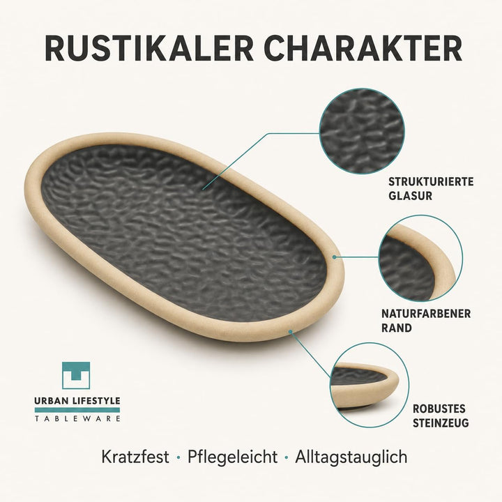 Urban Lifestyle Ovale Dessertteller Set 4er Schwarz 19,5 x 11,5 cm, Rustikale Keramik Tapasteller au