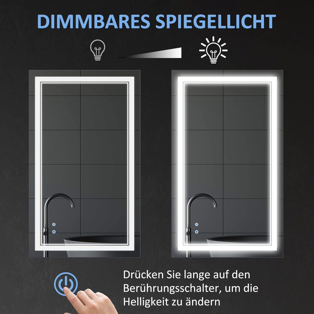 kleankin Badspiegel, Badezimmerspiegel mit LED-Beleuchtung, Wandspiegel mit Touchschalter, 3 Lichtfa