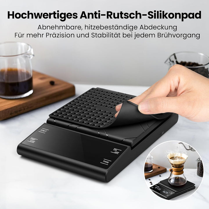 Digital Kaffeewaage mit Timer, 0,1g Hochpräzise Wiederaufladbare Espressowaage mit 4 Modi und Automa