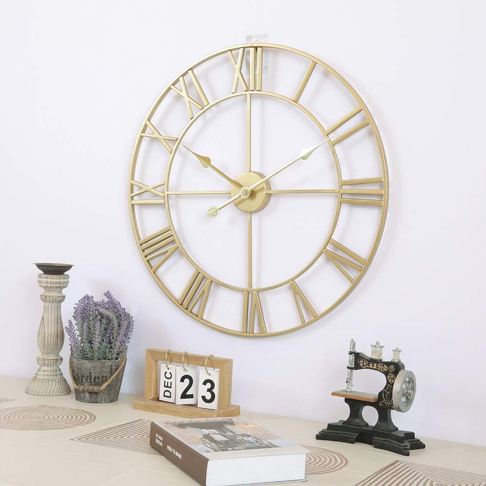 Grosse Wanduhr im Vintage-Stil,schwarz Wanduhr rund, Modernes Gold Metall Geräuschlos Nicht tickend,