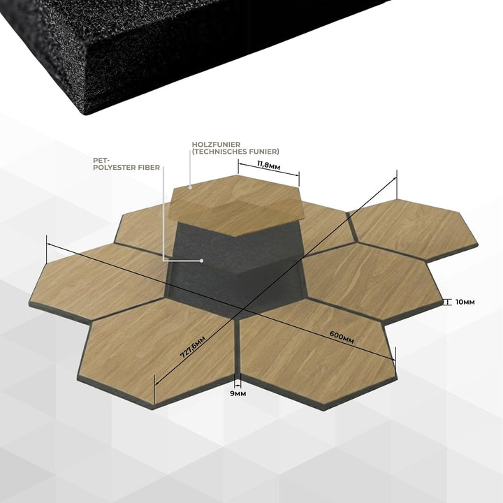 Akustikpaneel Hexagon in Bright Teak - 727x600 mm - mit PET-Filz - 2 Stück, 2 Stück