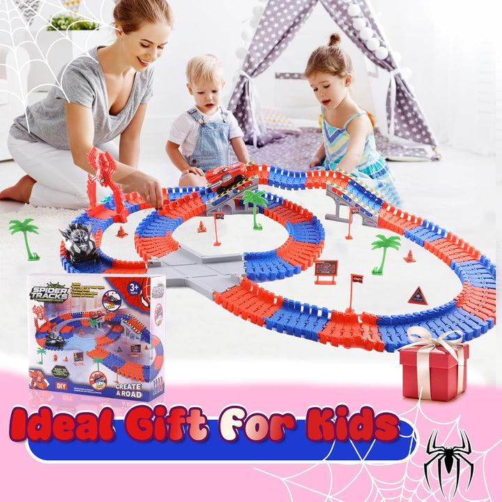 DIY Spinnen-Rennbahn Spielzeug 212 Teile – Mit 2 Spinnen-Autos & Flexibler Rennstrecke für Jungen &