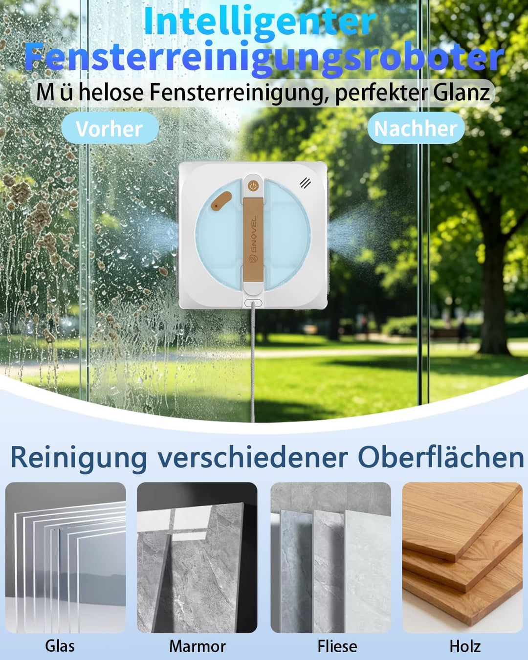 Starker Fensterroboter mit 8000Pa Saugkraft, 4-in-1 Reinigungsmodi, 15-Fach Sicherheitssystem & 180m