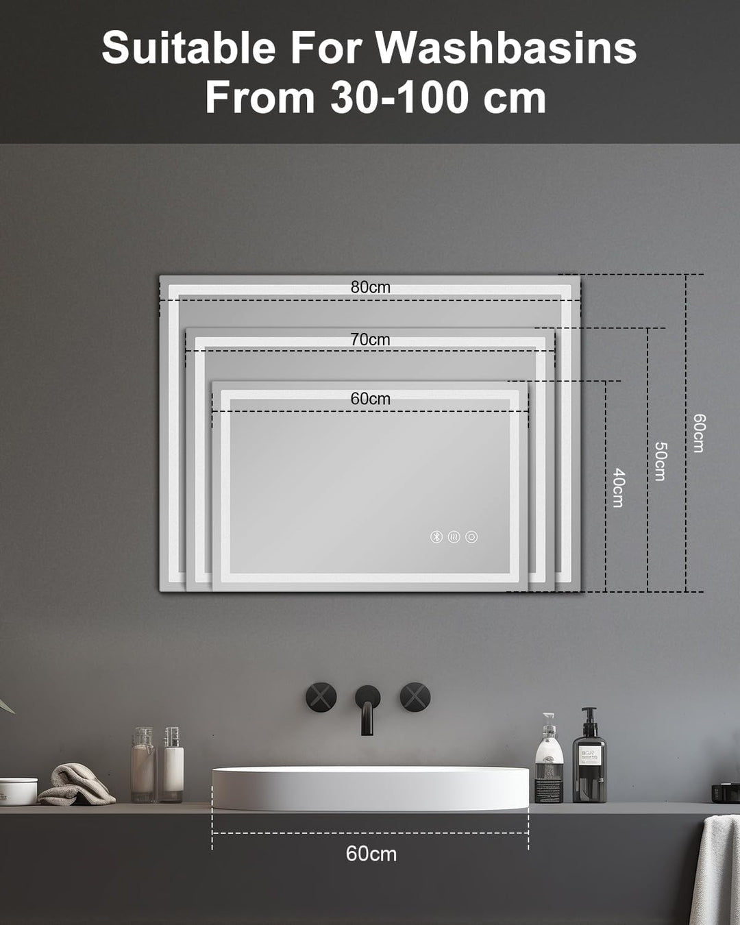 LED Badezimmerspiegel, 50x70cm Spiegel mit Beleuchtung mit Bluetooth Touchschalter, Dimmbar Lichtfar