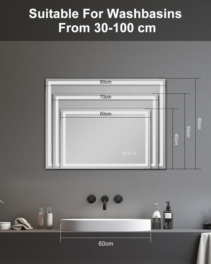 LED Badezimmerspiegel, 50x70cm Spiegel mit Beleuchtung mit Bluetooth Touchschalter, Dimmbar Lichtfar