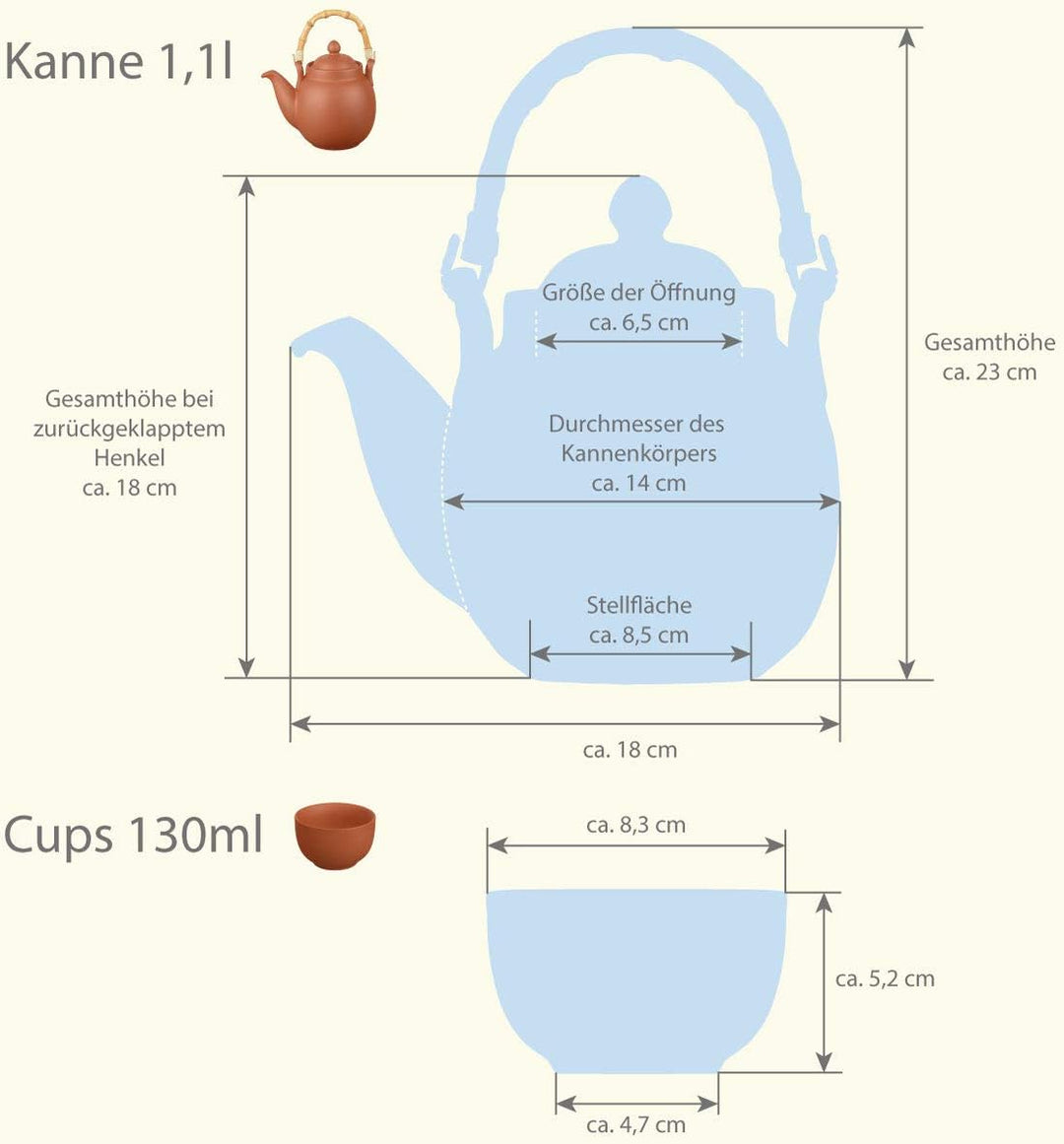 Ton Teeservice Tenno 3-teilig. Bestehend aus Ton Teekanne 1,1 Liter und 2 Tontassen. Handgefertigt,