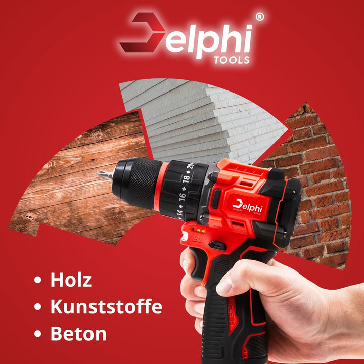Delphi Akkuschrauber 16,8V bürstenlos mit 2x 1500mAh Akku und Led Arbeitslicht, 50Nm Drehmoment, 24