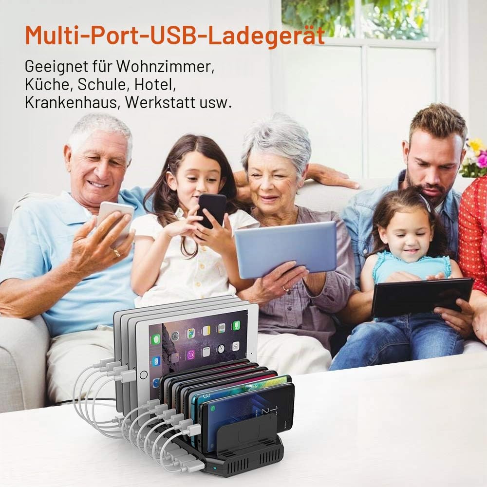 Alxum 60W Multi USB Ladestation 10 Ports mit QC 3.0 Ladestation Mehrere Geräte Schnelles für Mobilte