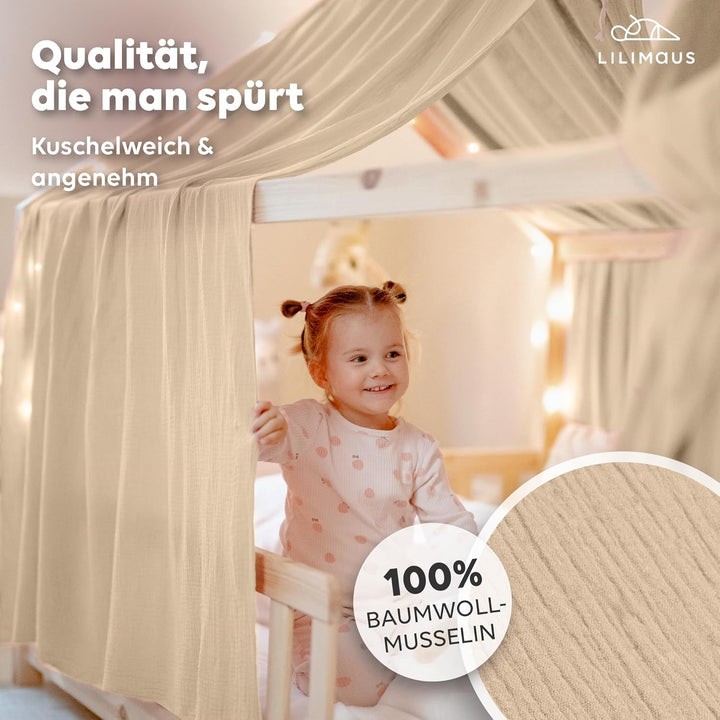 Hausbett Himmel [in 12 Farben] Betthimmel Hausbett aus 100% Baumwolle Musselin - Stoffhimmel für Hau