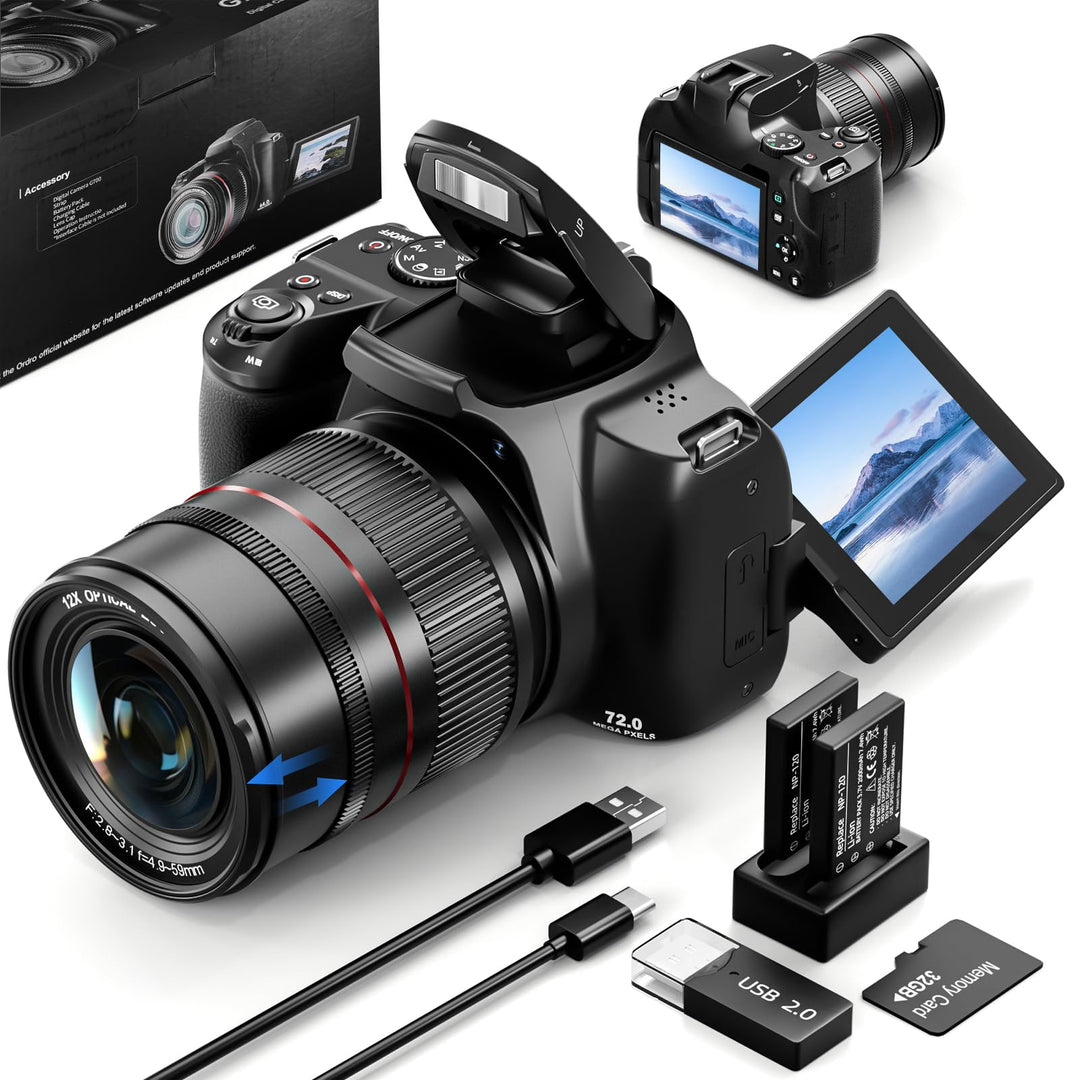 72MP 4K Digitalkamera mit 12X Optischem Zoom, WLAN, Autofokus & 3-Zoll-Flip-Bildschirm, Digitalkamer