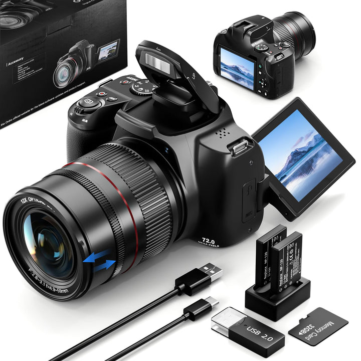 72MP 4K Digitalkamera mit 12X Optischem Zoom, WLAN, Autofokus & 3-Zoll-Flip-Bildschirm, Digitalkamer